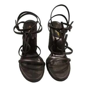 Saint Laurent Black Leather YSL Monogram Espadrille Wedge Sandals Heels